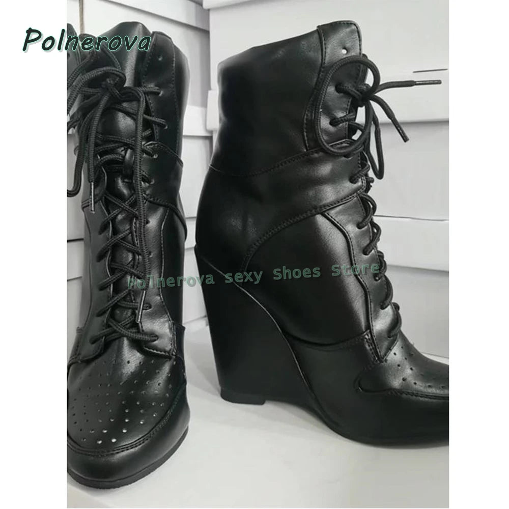 Cross Tied Wedge Mid-Calf Boots Pointed Toe Height Increase Patchwork Plus Size 36-47 Women Ankle Boots 2025 Casual Shoes Trend