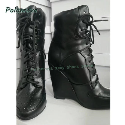 Cross Tied Wedge Mid-Calf Boots Pointed Toe Height Increase Patchwork Plus Size 36-47 Women Ankle Boots 2025 Casual Shoes Trend