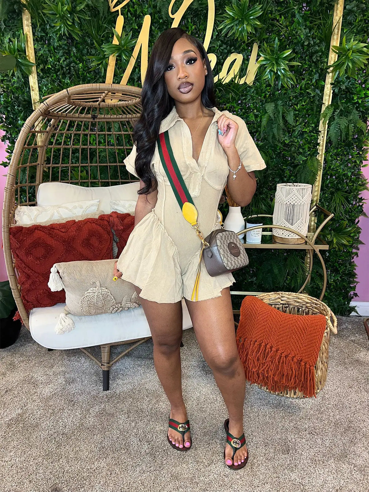 CM.YAYA Women Short Sleeve Washed V-neck Ruched High Waist Flare Short Jumpsuit Streetwear Chic One Piece Suit Romper Playsuit