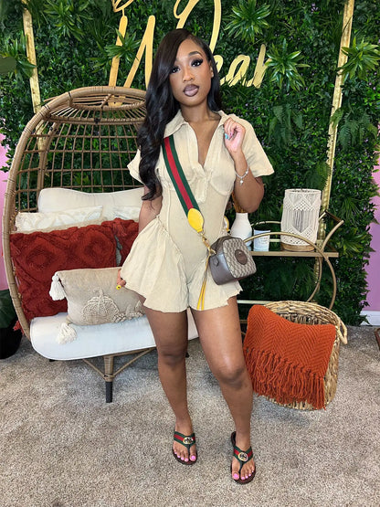 CM.YAYA Women Short Sleeve Washed V-neck Ruched High Waist Flare Short Jumpsuit Streetwear Chic One Piece Suit Romper Playsuit