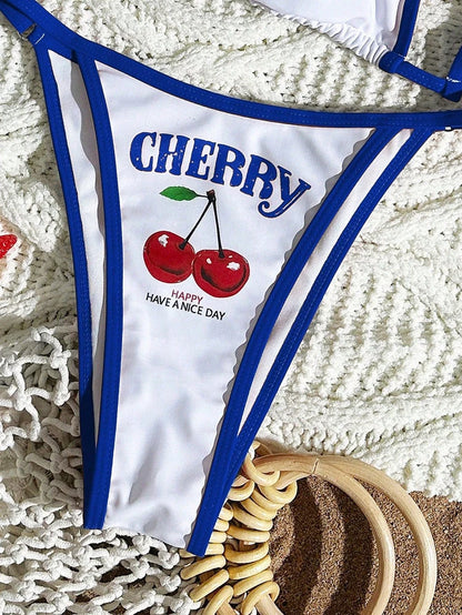 Cute Halter Bikini 3 Pieces Cherry Print 2026 Sexy & Fresh Feeling Bathing Suit Three-Piece Swimsuit Dark Blue Beach Swimwear