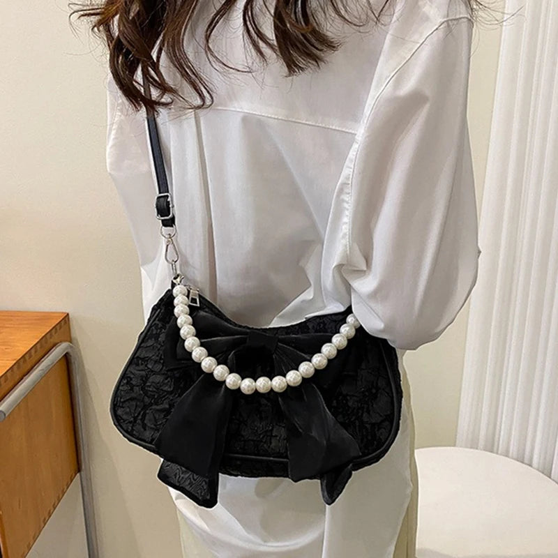 White Folds Pearl Female Bag Retro Luxury Designer Handbag Bow Crossbody Bags Fashion Y2K Vintage Women's Shoulder Bag Purses