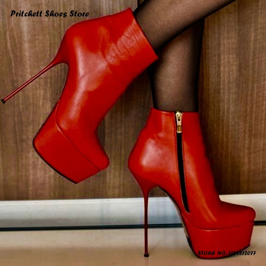 Women's Red Platform Stiletto Booties Spring Autumn Sexy Solid Zipper Ankle Boots Round Toe Thin Heels Trending Party Footwear