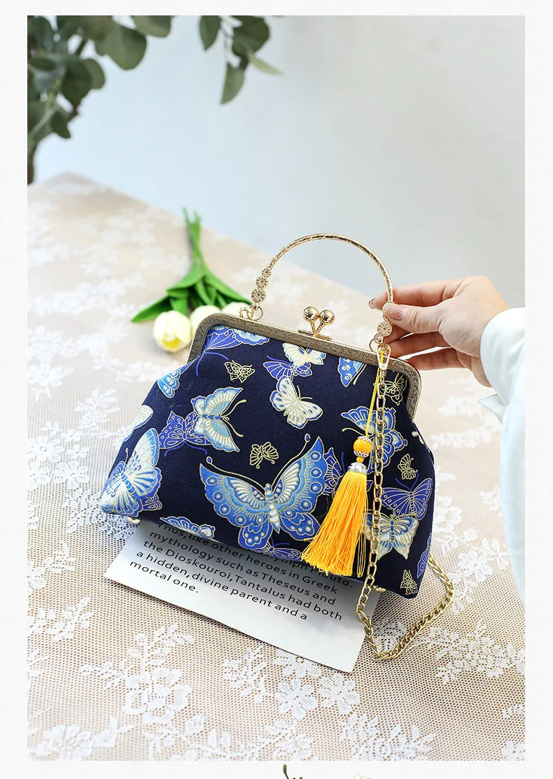 Fashion Vintage Fringe Bag Small Shell Bags Chain Women Shoulder Crossbody Bag Crane Flying Women's Handbags Purses Embroidery