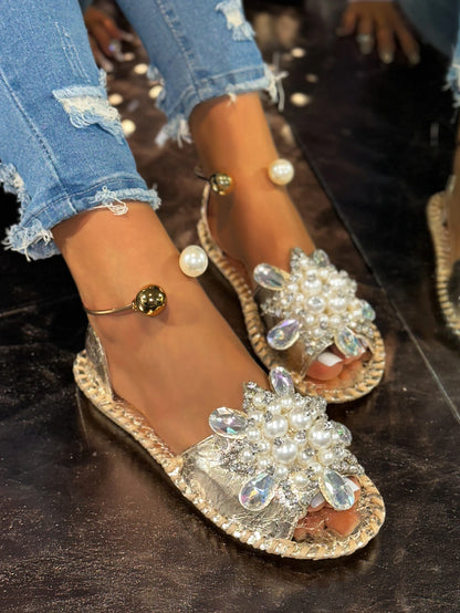 Aphixta New Gold Crystal Flower Flat With Sandals Women Summer Round Toe Shoes Outdoor Soft Sole Bling Slides Big Size 43