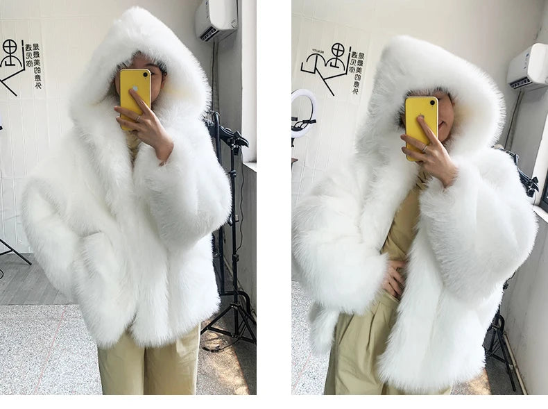 Nerazzurri Autumn Winter Oversized White Black Warm Shaggy Hairy Faux Fur Coat Women with Hood Loose Casual Fluffy Jacket 2023