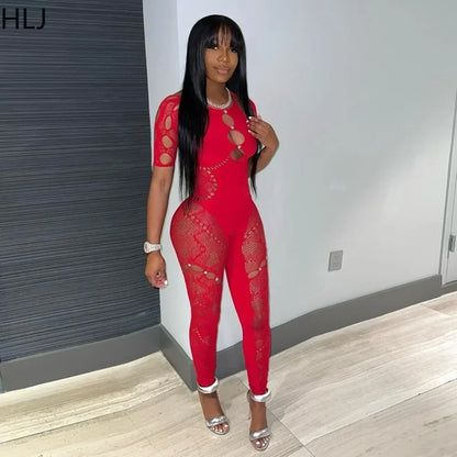 HLJ&GG Sexy Lace Hollow Bodycon Party Nightclub Jumpsuits Women Short Sleeve Skinny Pants Playsuits Female Hole Overalls 2025