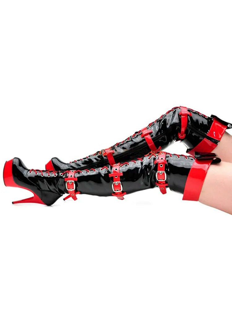 Women 6 Inch Platform Lace Sexy Shoes Pole Dance 15cm Gothic Thigh Boots High Heels Exotic Buckle Mixed Color Stripe Boots