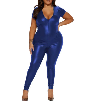 Deep V-neck Women Bodycon Jumpsuits Matte PU Leather Short Sleeve Skinny Zentai Ravely Party Club Stage Performance 8XL