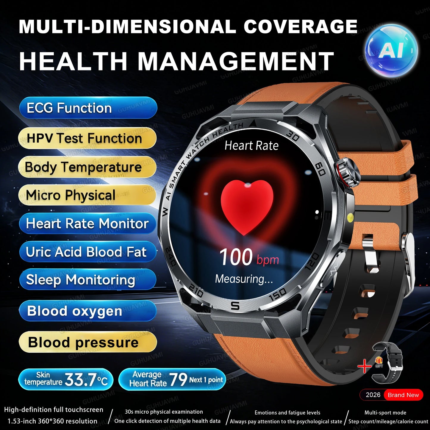 2026 New ECG+PPG Body Fat Analysis Health Smart Watch Uric Acid BP Blood Oxygen Bluetooth call Sports Smart Watch For Men Women