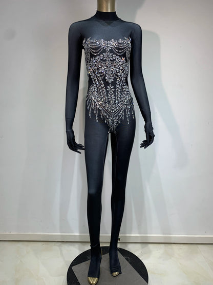 STOCK Sparkling Rhinestone Stretch Jumpsuit Women Sexy Club Evening Party Wear Drag Queen Singer Dancer Stage Perform Costume