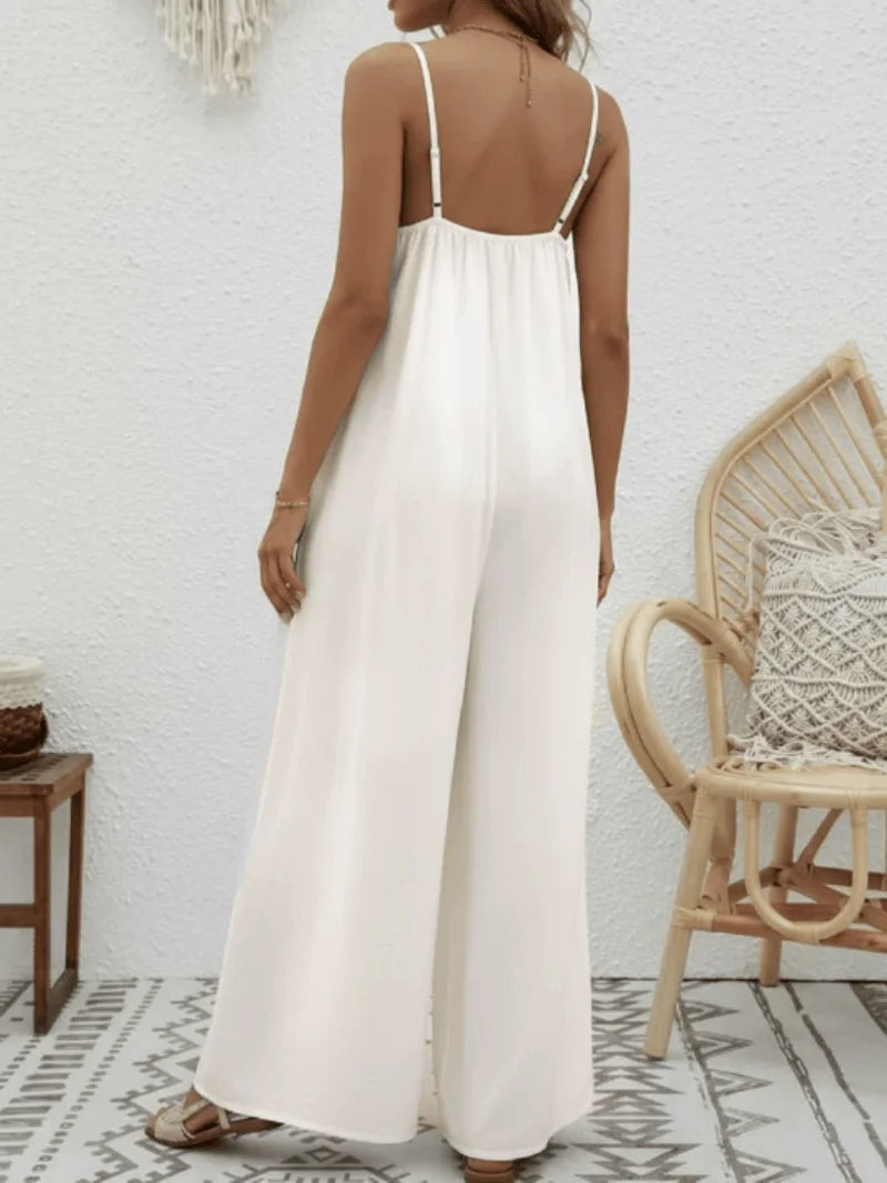 Women's Apricot Spaghetti Strap Jumpsuit V Neck Wide Leg Loose Fit Casual Spring Summer Beach Vacation Boho Fashion Romper