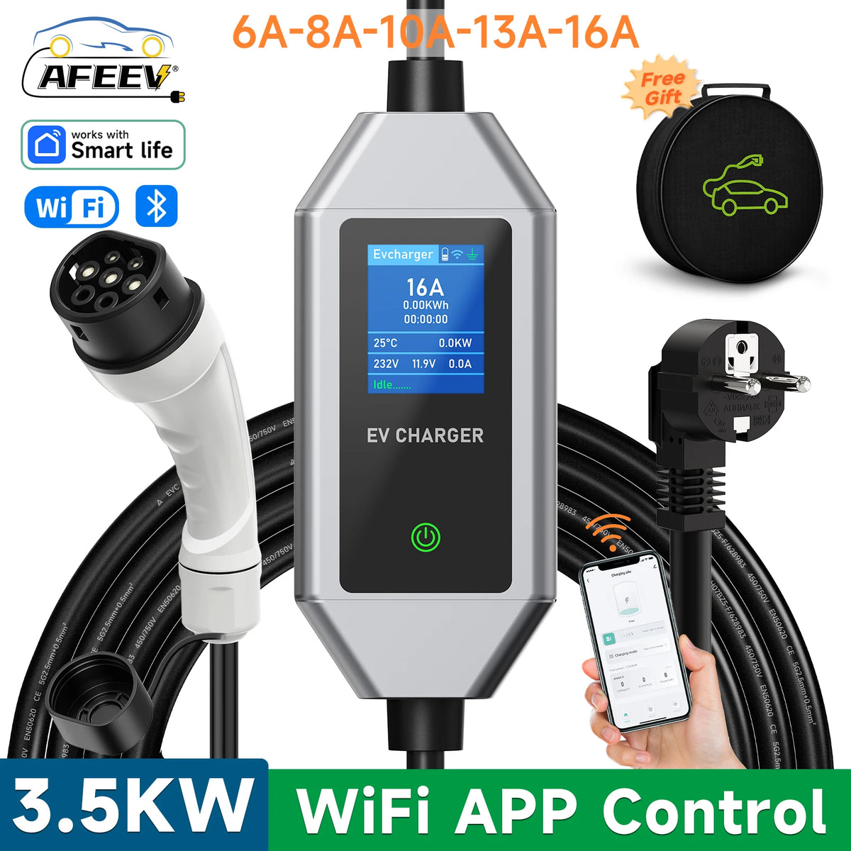 AFEEV Type2/Type1 Portable EV Charger 3.5KW 16A Electric Car Charger EVSE Fast Charging Cable Wallbox APP Bluetooth Control