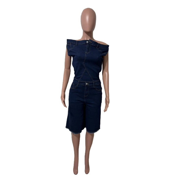 Jumpsuits Women Denim One Piece Short Sleeve Overalls Knee Length Pants Tight Waist Rompers Y2k Streetwear Slash Neck 2026