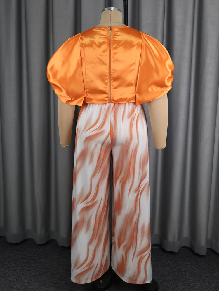 Plus-size Fashion Women's Outfit: Orange Puff-sleeve Short Top + Gradient Striped High-waisted Wide-leg Drapey Long Pants Set