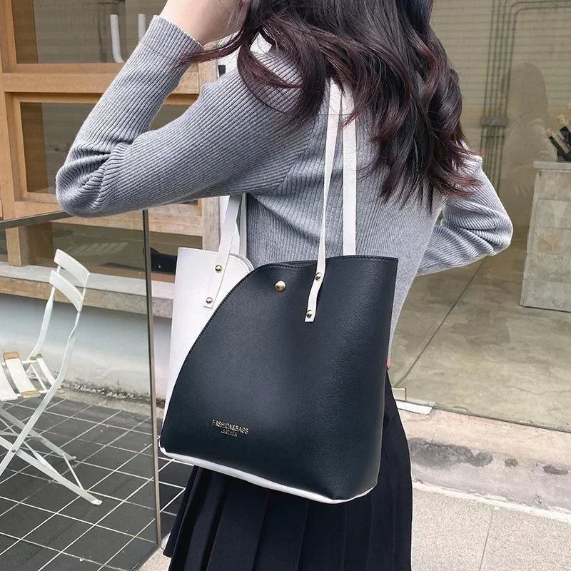 Large Capacity Patchwork Bag Hot Stamped Contrast Color Shoulder Bags Women Pu Leather Ladies Purses and Shopping Bag Casual