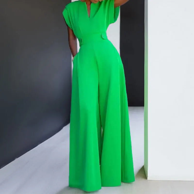 Elegant Women's Jumpsuits Fashion Solid Color V-neck High Waist Wide Leg Sleeveless Jumpsuit Temperament New Female Clothing