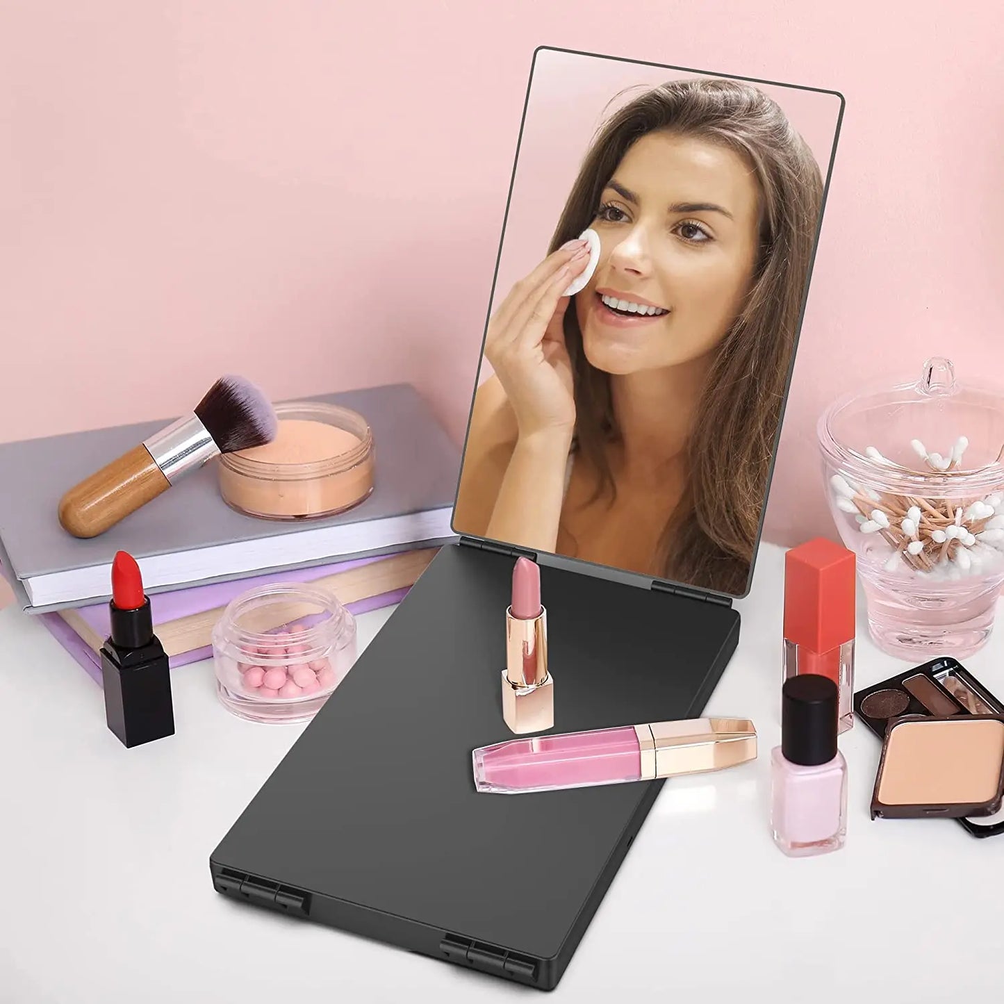 Travel Portable 360° Trifold Vanity Makeup Mirror with Height Adjustable Telescoping Hook for Hair Self Cutting, Shaving, Gifts