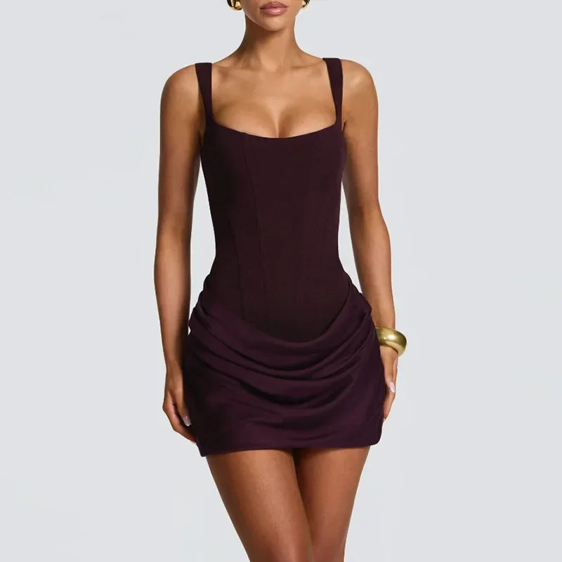 Women Sexy Square-neck Halter Mini Dress 2025 Pleated Sleeveless Backless High Waist Bodycon Dresses New Summer Lady Party Robes