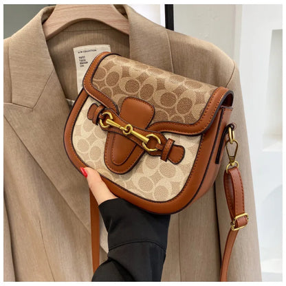 Women Retro Print Saddle Crossbody Bag Luxury Horse Bit Buckle Small Shoulder Bag Fashion PU Leather Ladies Daily Handbag