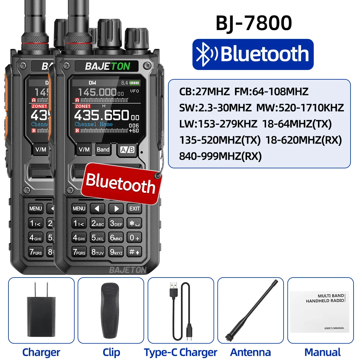 1/2PCS BAJETON BJ-7800 Walkie Talkie 10W AM/FM Bluetooth Phone Programming Long Range SW MW LW AM SSB CB For RT-920 Ham Radio