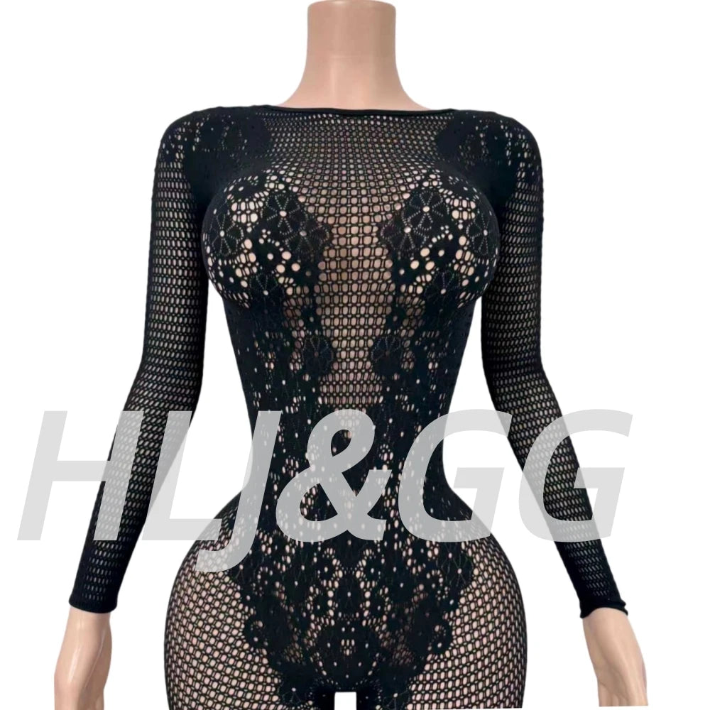 HLJ&GG Black Sexy High Quality Stretchy Knit See Though Bodycon One Piece Jumpsuits Women Long Sleeve Slim Playsuits Streetwear