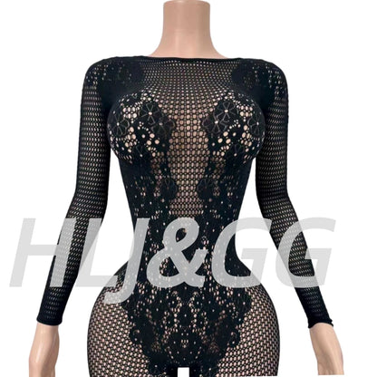 HLJ&GG Black Sexy High Quality Stretchy Knit See Though Bodycon One Piece Jumpsuits Women Long Sleeve Slim Playsuits Streetwear