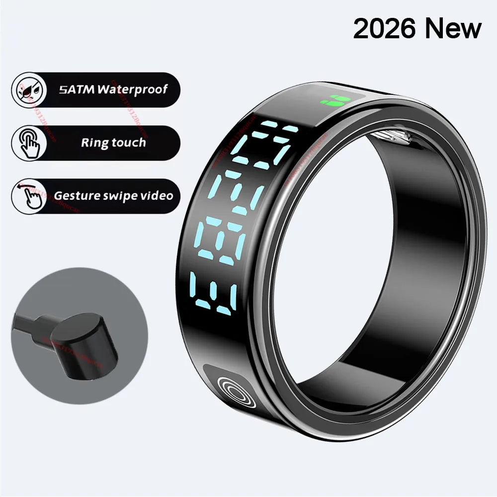 2026 R12 Smart Ring with Display Screen and Touch, Wireless Charging, Health Manager 5ATM Waterproof For Men Women Smartring New