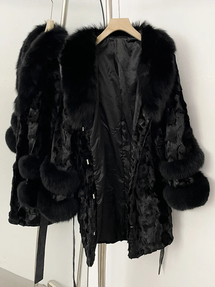 OFTBUY New Winter Thickened Warm Clothes Female Mid-length Leather Belt Real Mink Fur Coat Women Black Natural Fox Fur Jacket