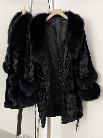 OFTBUY New Winter Thickened Warm Clothes Female Mid-length Leather Belt Real Mink Fur Coat Women Black Natural Fox Fur Jacket