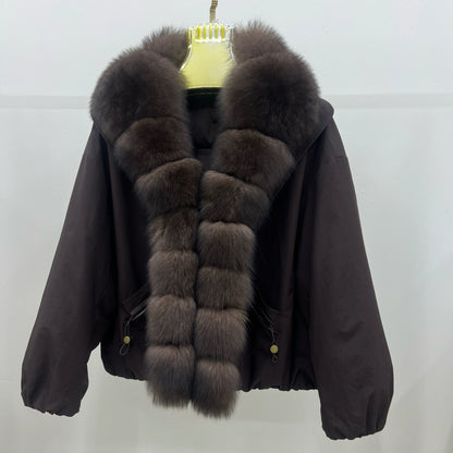 Aulande Women's Winter Short Down Jacket Parka with Natural Fox Fur Collar, Goose Down Filling, Loose Thick Warm Luxury Outdoor