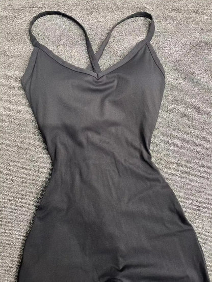 New Nylon Pad V-Neck Wrap Yoga Bodysuit - Adjustable Hook Tummy Control Butt Lift Workout Jumpsuit
