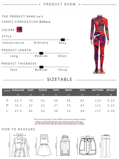 Nibber Sexy Sporty 2-Piece Set Women Tracksuit Sporty Fall Crop Tops+Leggings Matching Tight Stretch Colorful Print Streetwear