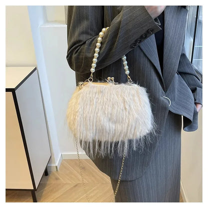 Beading Chain Women's Evening Plush Handbags Faux Fur Tassel Ladies Shoulder Bag Elegant Female Crossbody Bags Party Furry Purse