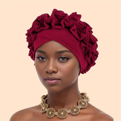 Ruffled Turban Cap Women's Head Wraps Soft Comfortable Headscarf Bonnet Lady Soild Color Headgear
