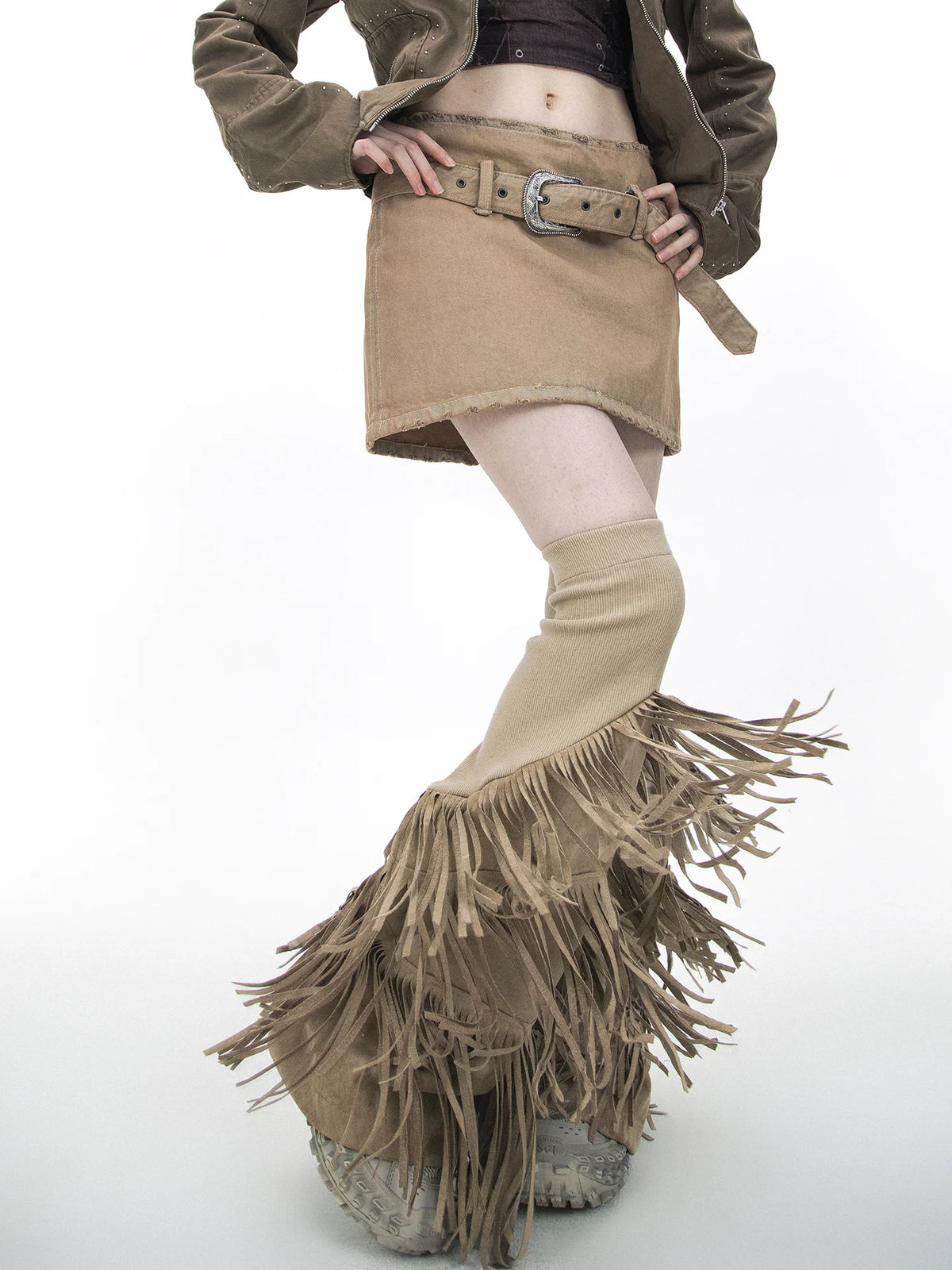 Suede Fabric Tassel Knitted Elastic Punk Vintage Flared Leg Warmers Woman Fashion Elegant Gothic Leg Sleeve