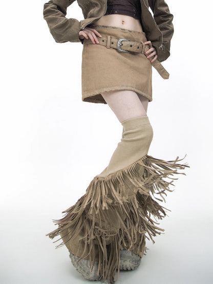 Suede Fabric Tassel Knitted Elastic Punk Vintage Flared Leg Warmers Woman Fashion Elegant Gothic Leg Sleeve