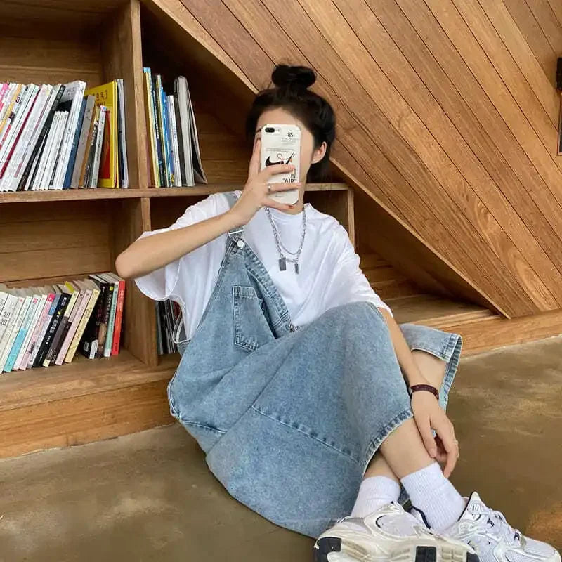 Korean style Denim Overall Dress Women Sleeveless Jeans Dresses Female Solid Slip Casual Loose Spaghetti Strap Dresses