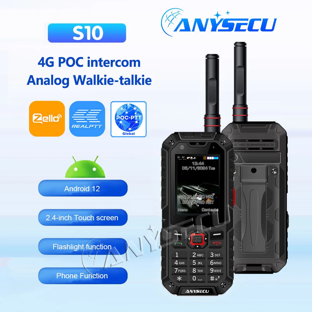Anysecu S10 4G LTE Walkie Talkie Android 12 Dual Mode PoC Analog UHF Two Way Radio GPS Zello 3500mAh Dual SIM Touch Screen BT4.2
