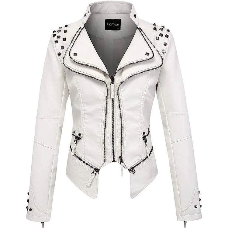 New Arrival: Unique White Suit Collar Women's Jacket—Slim-Fit Short-Length Fashionable Women's PU Leather Jacket