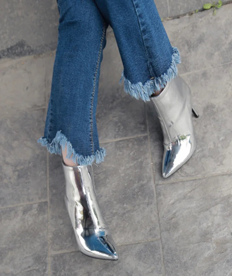 Design Ankle Boots Women Fashion Zipper Pointed  High Heels Gold Silver Patent Leather Short Booties Shoes Catwalk Shoes