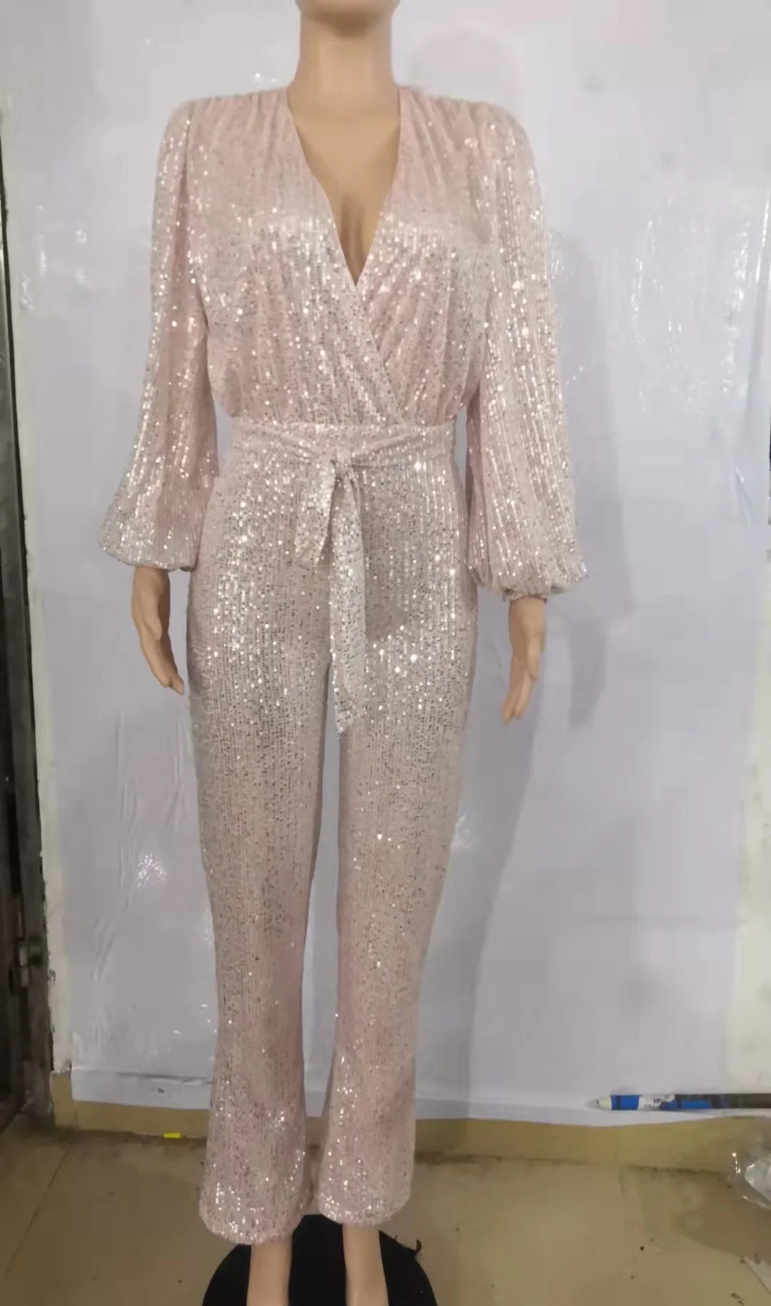 2026 Women's Elegant Sequined Jumpsuit Spring Summer Ladies Bling Bling V-neck High Waist Rompers Overalls with Lantern Sleeve