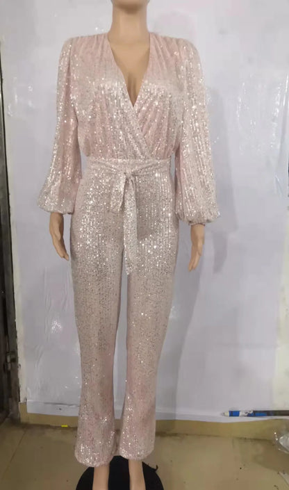 2026 Women's Elegant Sequined Jumpsuit Spring Summer Ladies Bling Bling V-neck High Waist Rompers Overalls with Lantern Sleeve