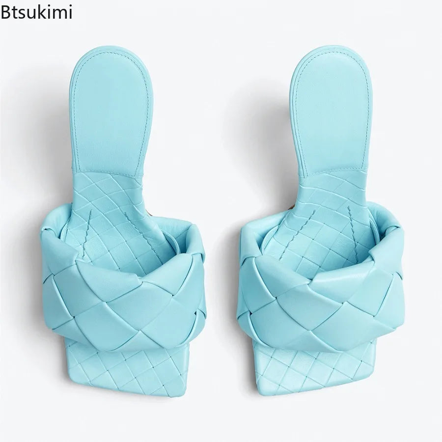 New 2026 Summer Fashion Women's Slippers PU Leather Square Toe Sandals for Women Fluorescent Yellow Fine Heel Ladies High Heels