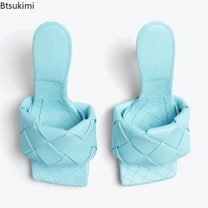 New 2026 Summer Fashion Women's Slippers PU Leather Square Toe Sandals for Women Fluorescent Yellow Fine Heel Ladies High Heels