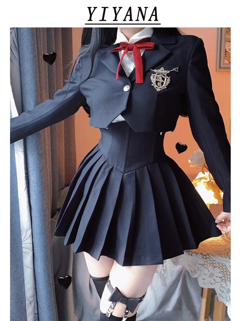 Spring 2025 Preppy Style American Uniform Set Girls Short Suit Coat Long Sleeve White Shirt Slim High Waist Pleated Skirt Navy