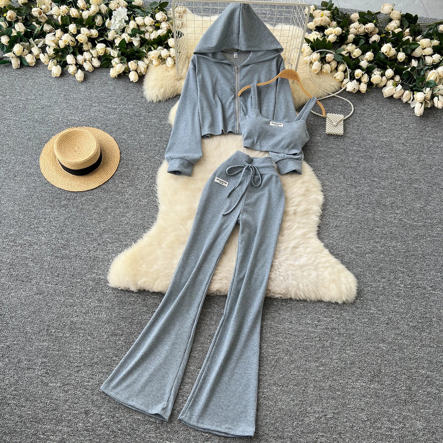 SINGREINY 2026 Autumn Sporty Suits Ladies Full Sleeves Hoodies+Sling Mini Camis+Drawstring Long Pants Casual Three Pieces Sets