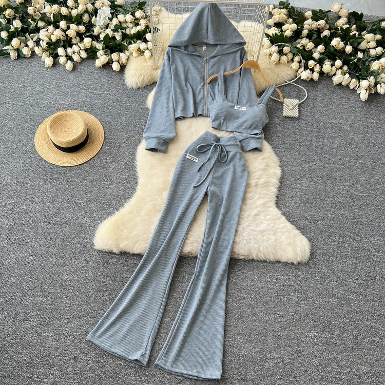 SINGREINY 2026 Autumn Sporty Suits Ladies Full Sleeves Hoodies+Sling Mini Camis+Drawstring Long Pants Casual Three Pieces Sets