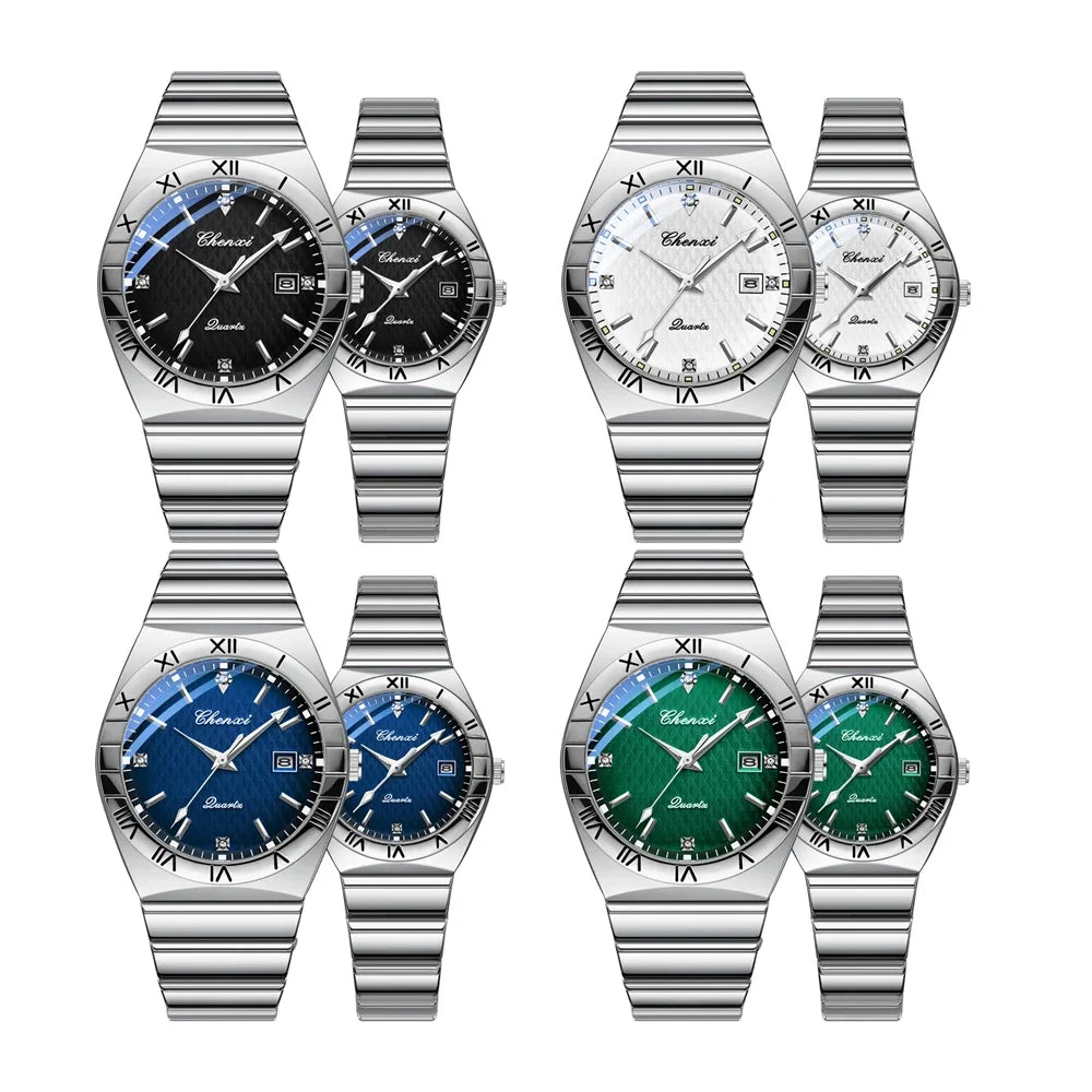 CHENXI Quartz Couple Watch Rhinestone Stainless Steel Watch Luxury Brand Brief Lovers Waterproof Watch Women's Watches