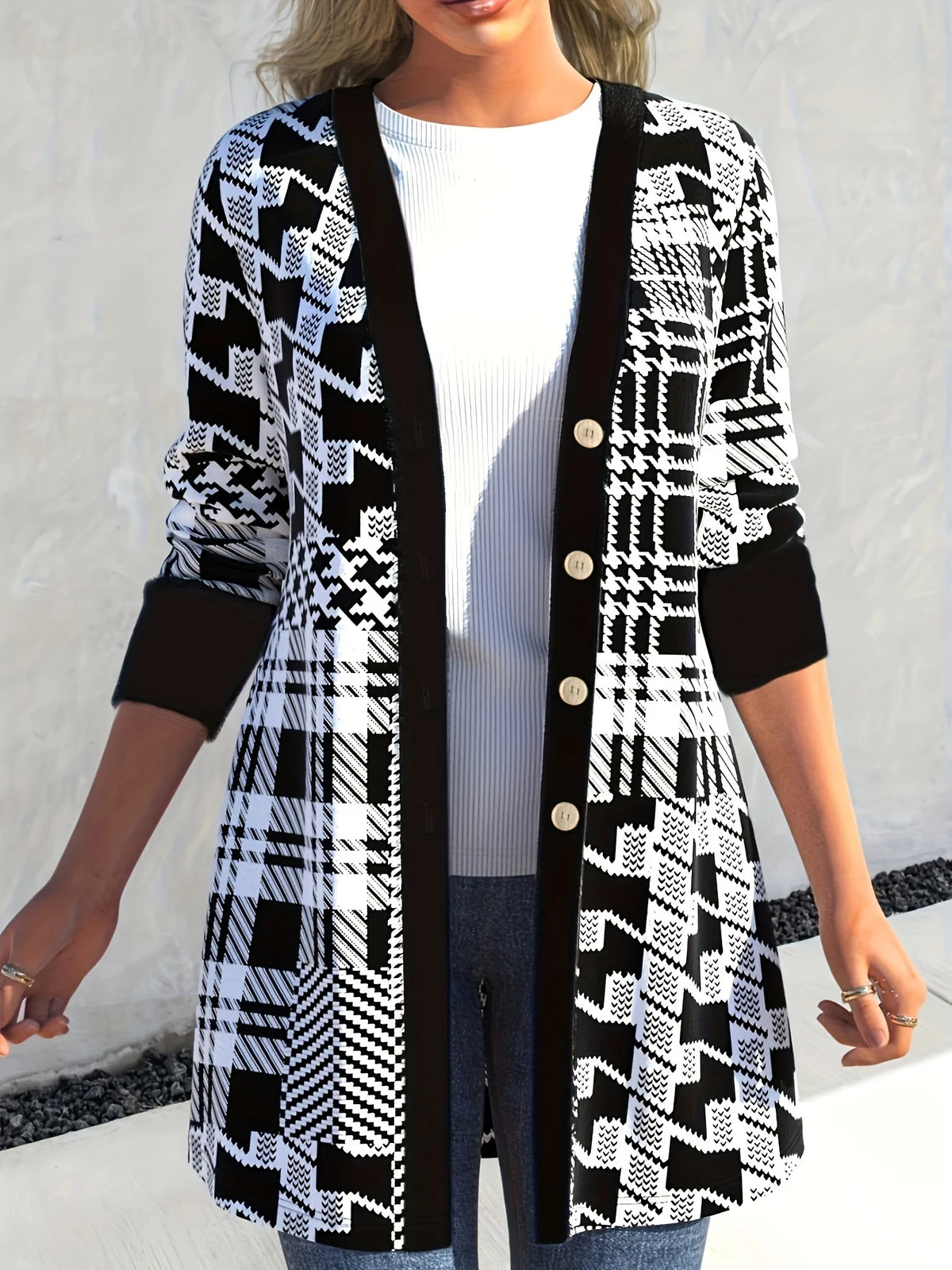 Plus Size Women's Elegant Geometric Print Button-Up Cardigan Knit Long Sleeve Open Front Sweater Autumn/Winter Casual Outerwear